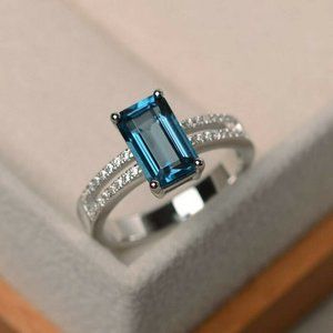 Emerald Cut Aquamarine White Sapp .925 Silver